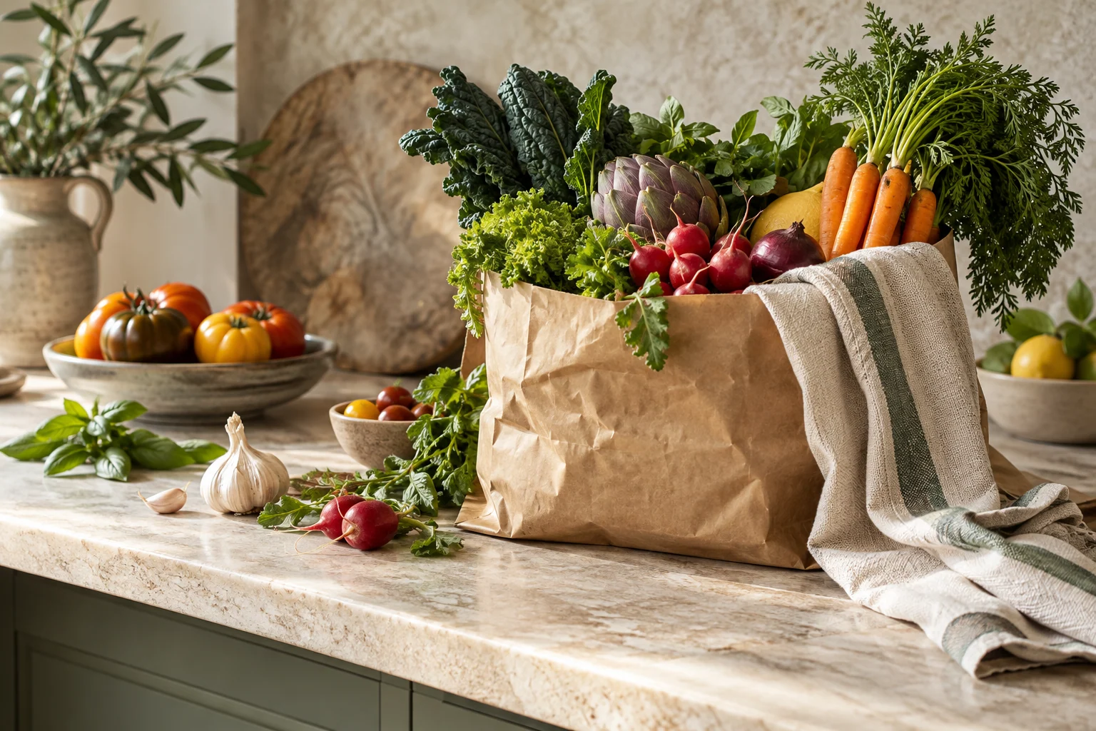 AI-created editorial illustration: A beautifully composed paper market bag with colorful vegetables, herbs and a linen cloth on a pale stone kitchen counter.