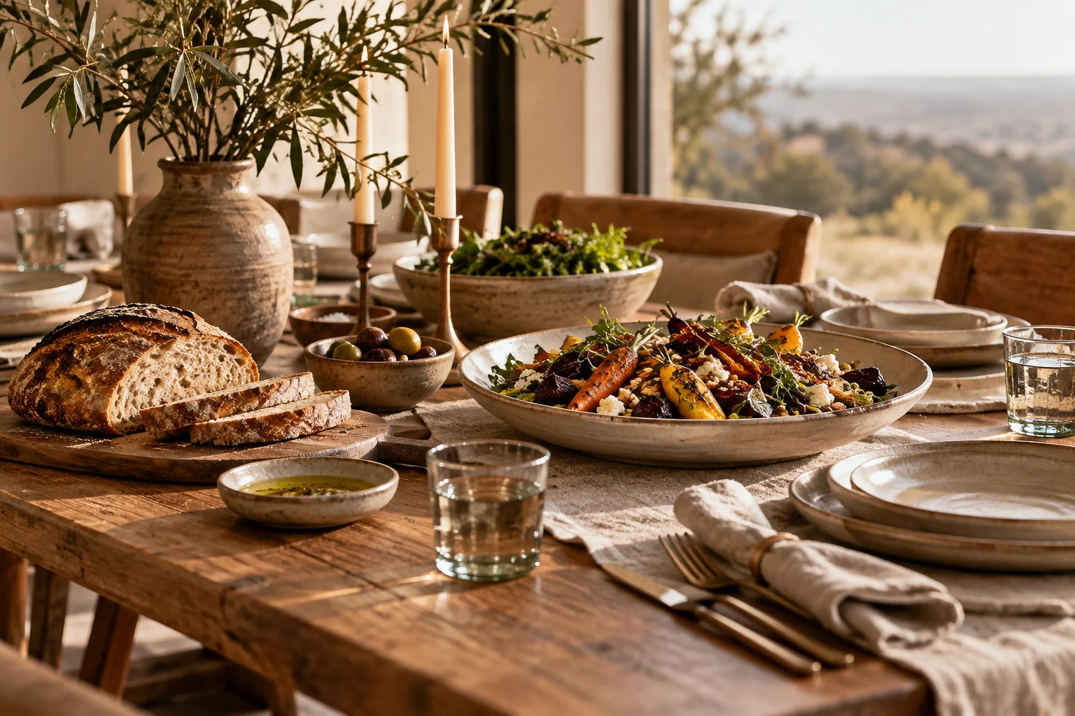 AI-created editorial illustration: A generous but simple table for a home dinner, handmade ceramics, bread and a colorful vegetable dish, no people.