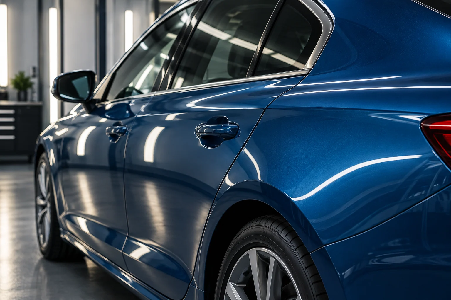 AI-created editorial illustration: Close view of a clean metallic-blue sedan door and quarter panel in a pristine independent bodywork studio, controlled strip-light reflections, no visible manufacturer emblem or number plate.