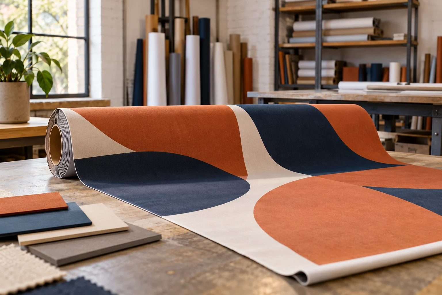 AI-created editorial illustration: A rolled fabric event banner showing only an abstract terracotta and navy geometric composition, alongside small blank material samples in a refined signage workshop.