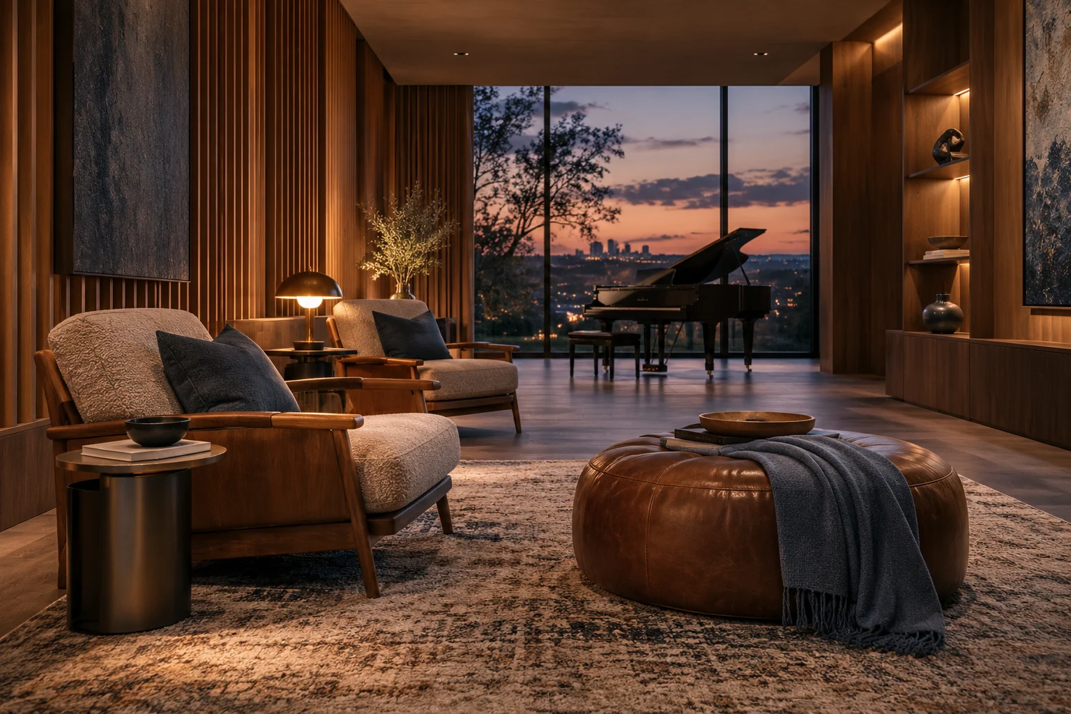 AI-created editorial illustration: A small, empty listening room with warm wood acoustic surfaces, a piano in the far distance and evening window light.